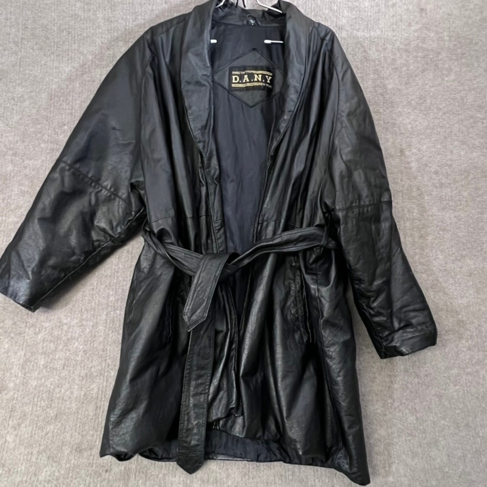 DANY‎ New York Leather Trench Coat Belted Black Medium Womens Jacket
